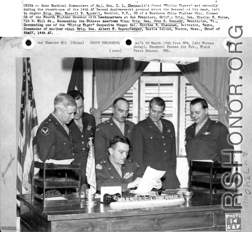 Tactical commanders of Maj. Gen. C. L. Chennault meet in observance of 14th Air Force Second Anniversary. Left to right: Brig. Gen. Russell E. Randall, Brig. Gen. Winslow C. Morse, Col. Clayton B. Claussen, and Brig. Gen Albert F. Hegenberger.