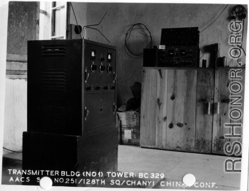 Inside transmitter building (No. 1) tower: BC 329. Chanyi, China, during WWII.  Station 251, 128th Squadron.