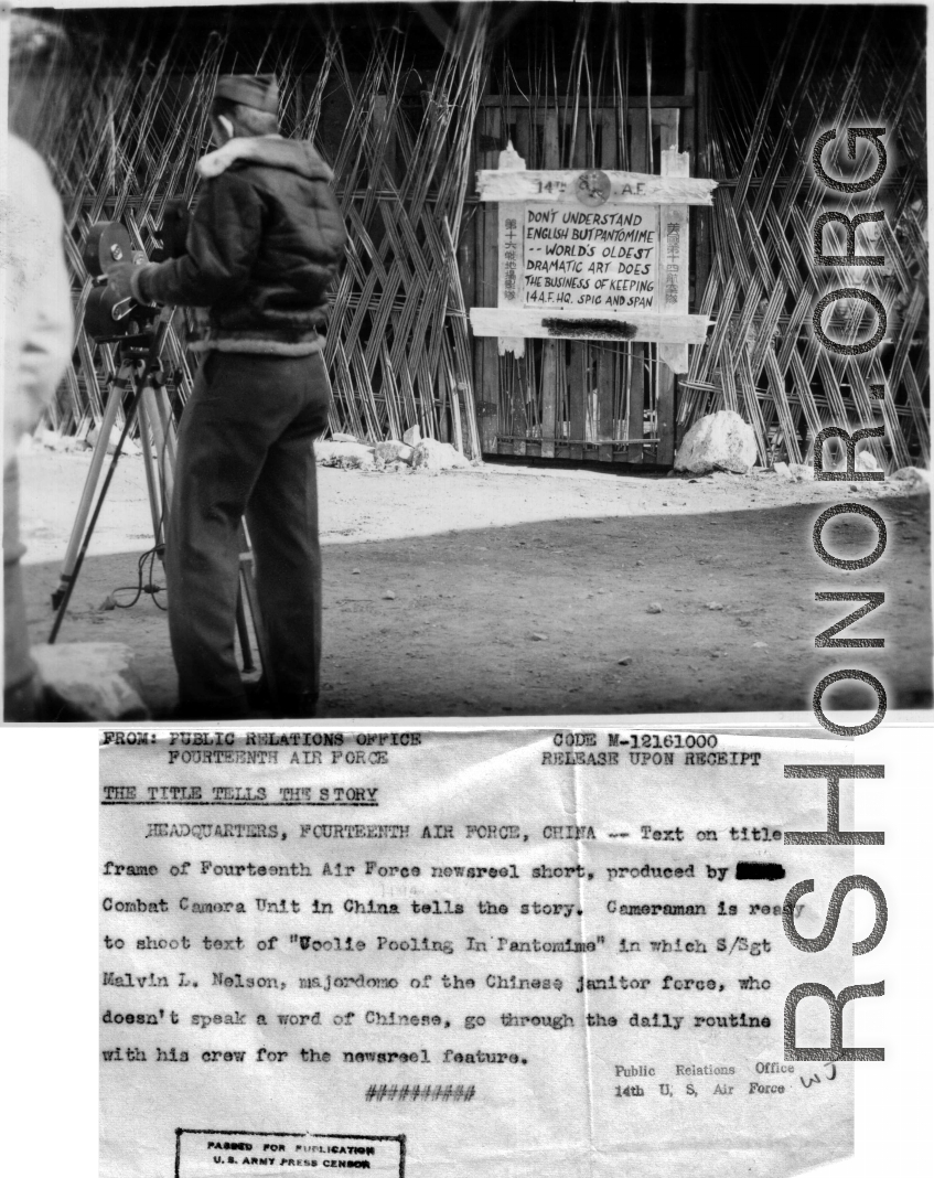 S/Sgt. Malvin L. Nelson films a newsreel short in China during WWII. Although blacked out by censors (for some reason), this should be by the 16th Combat Camera Unit.