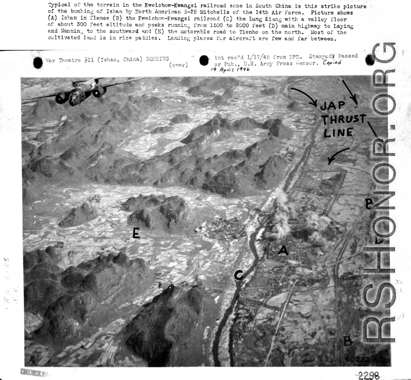 B-25s fly away from just-bombed Yishan (now Yizhou) in Guangxi province, SW China, among Karst peaks during the Japanese Ichigo campaign of summer and fall 1944. Towns along the Ichigo route were bombed by American planes as the Japanese moved into them, or sometimes in advance, to deny the resources of the towns to the incoming Japanese. The Japanese entered Yishan town on November 14, 1944, which should be the approximate date of this image--someone has labeled the path of Japanse entry directly on the or