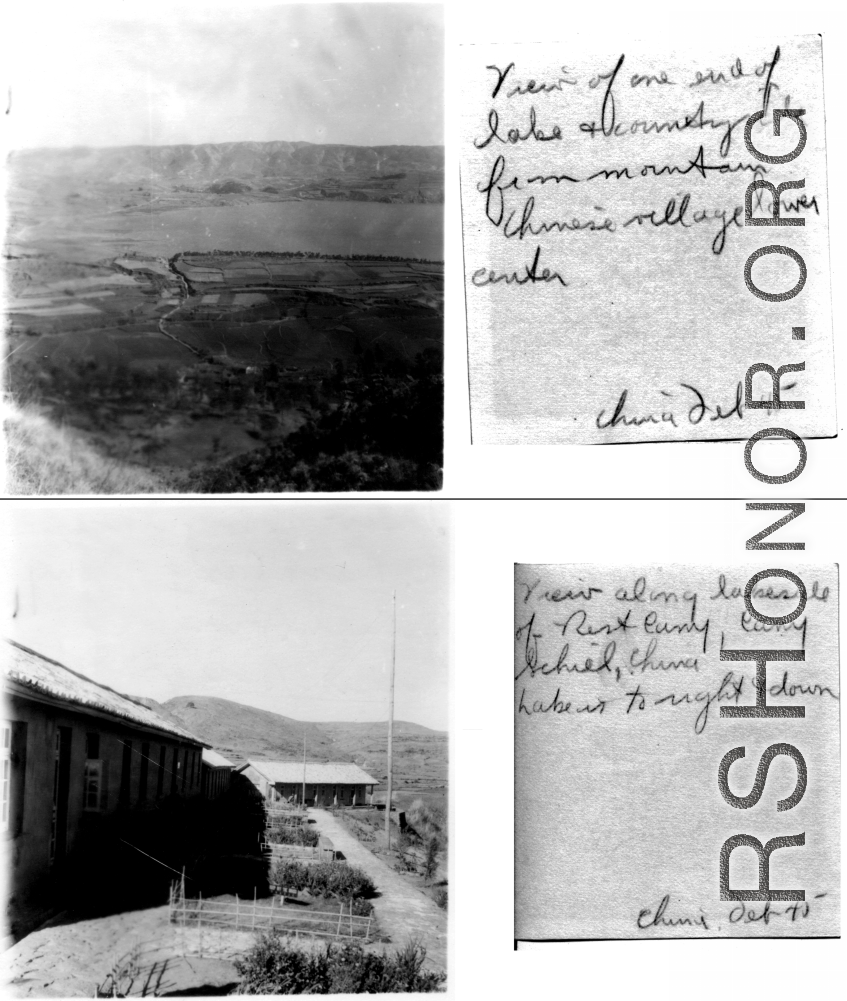 View of lake from above Camp Schiel, and barracks at the camp, February 1945.