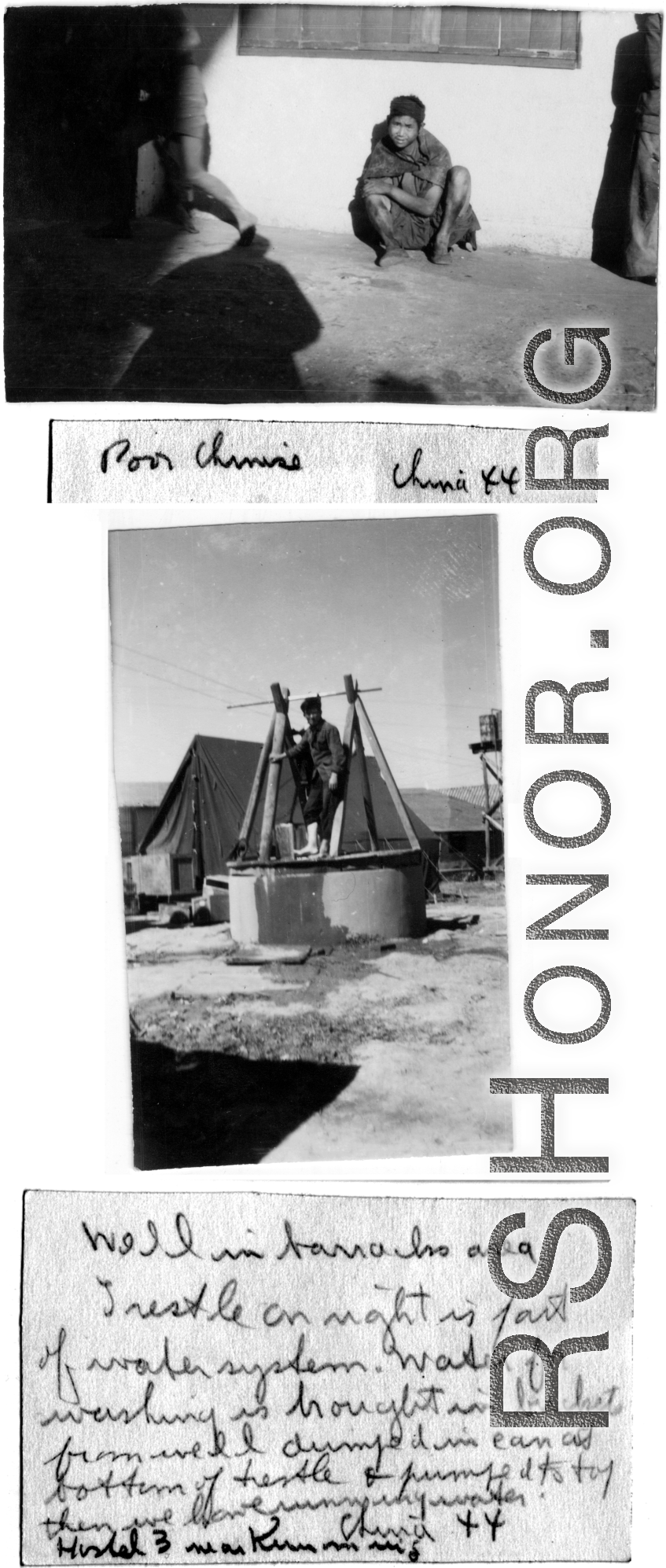 Poor man, and pumping from well at Hostel #3. China. 1944.
