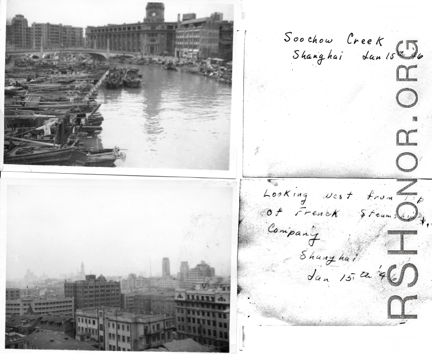 Suzhou Creek and view from top of French steamship company, Shanghai during WWII, January 15, 1946.