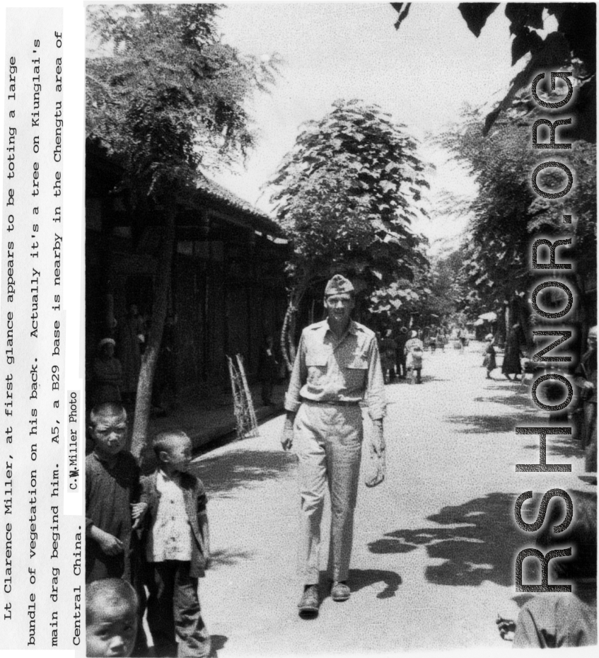 Lt. Clarence Miller walking in Kiunglai, China, not far from Chengdu, Sichuan province, China, where there was the A-5 base, for B-29 bombers.  Photo from Clarence W. Miller.