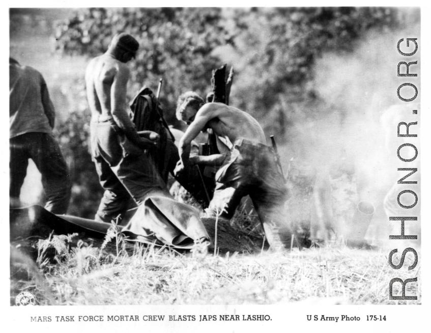 Mars Task Force mortar crew blasts Japanese near Lashio during WWII.  US Army Photo.