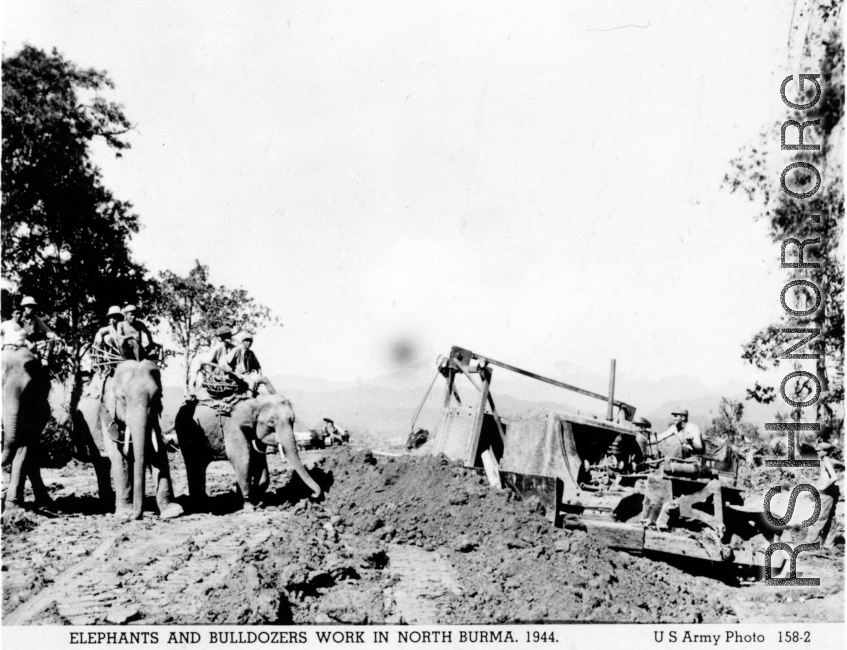 Elephants and bulldozers in North Burma in 1944.  US Army Photo.