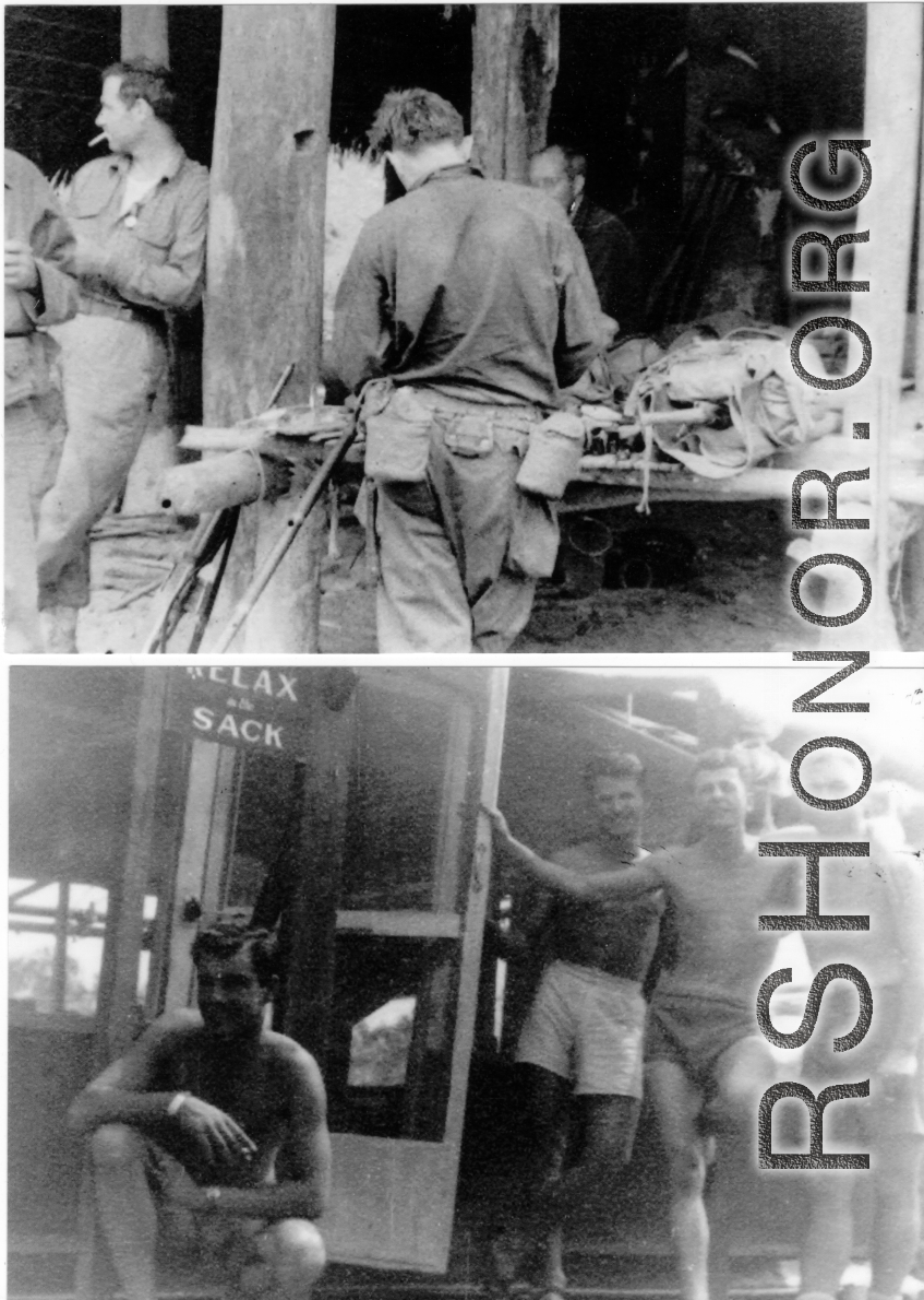 GIs with gear and water for action, and GIs resting, encouraged by the sign "RELAX at the SACK."  Images provided by Michael J. O'Brien.    In the CBI during WWII. 