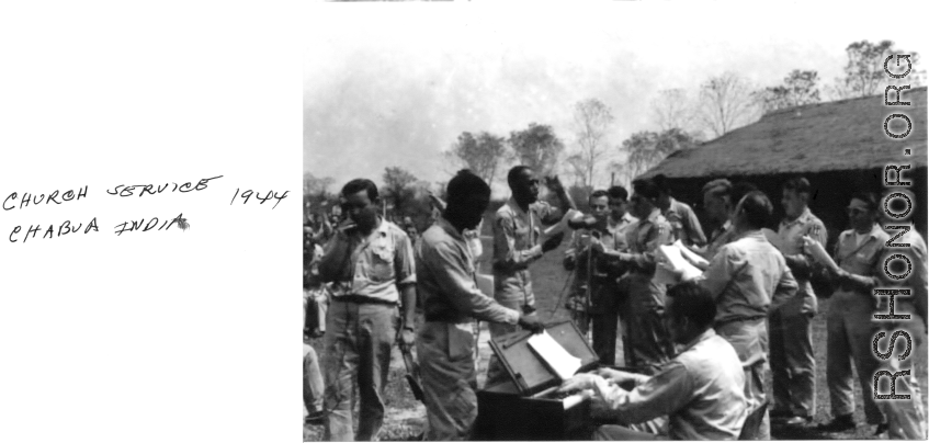 GIs singing during Church service in Chabua, India, during WWII.  Photo provided by Michael J. O'Brien to the editors of Ex-CBI Roundup (through reader submission) over many years of publication, and provided to the Remembering Shared Honor project.