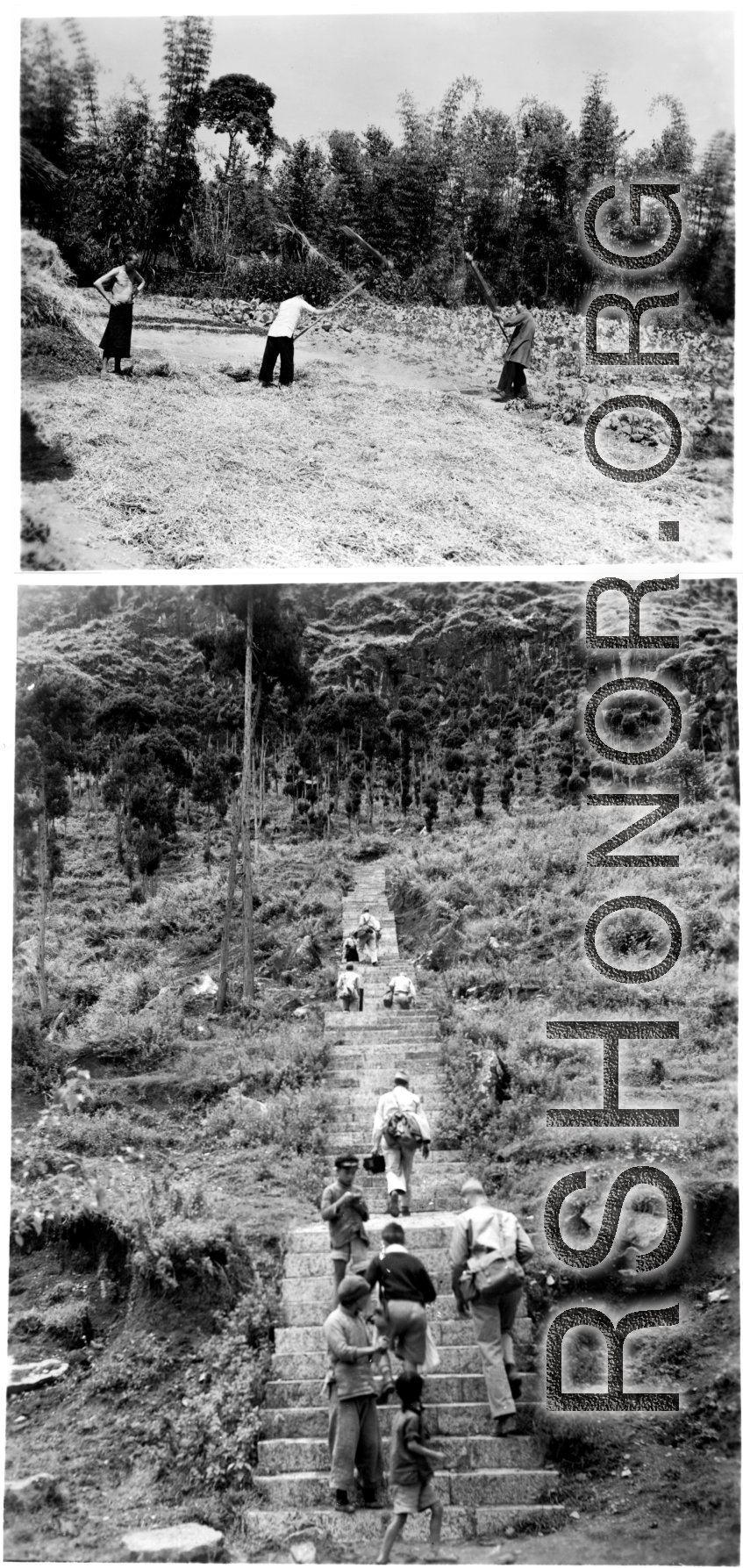 Chinese farmers threshing grain; GIs and Chinese children climbing stone walkway on a day outing. During WWII in China.  Photos from Dorothy Yuen Leuba.