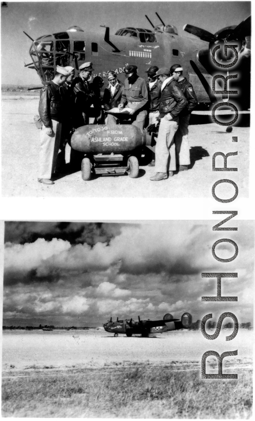 A B-24 ("Sherazade")loading a bomb (top), with pilot window labeled "Farnell," and bomb painted with "To Tojo, from Ashland grade school." Some of their adventures can be read here.  A different B-24 ("Lonesome Polecat") moving on runway (bottom). In the CBI during WWII.