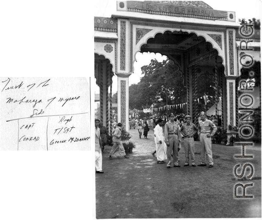 GIs stand at Maharaja of Mysore gate in India: Capt. Conrad, T/Sgt. George M. Zdanoff. During WWII.
