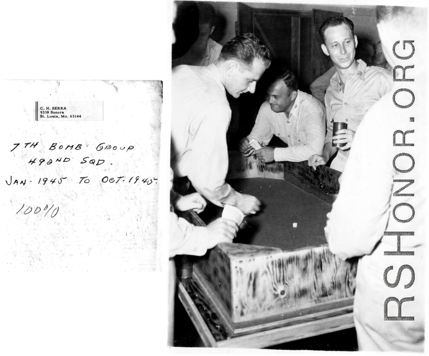 A bit of gambling and drink in 7th Bomb Group, 492nd Bomber Squadron.  Photo from C. H. Serra.
