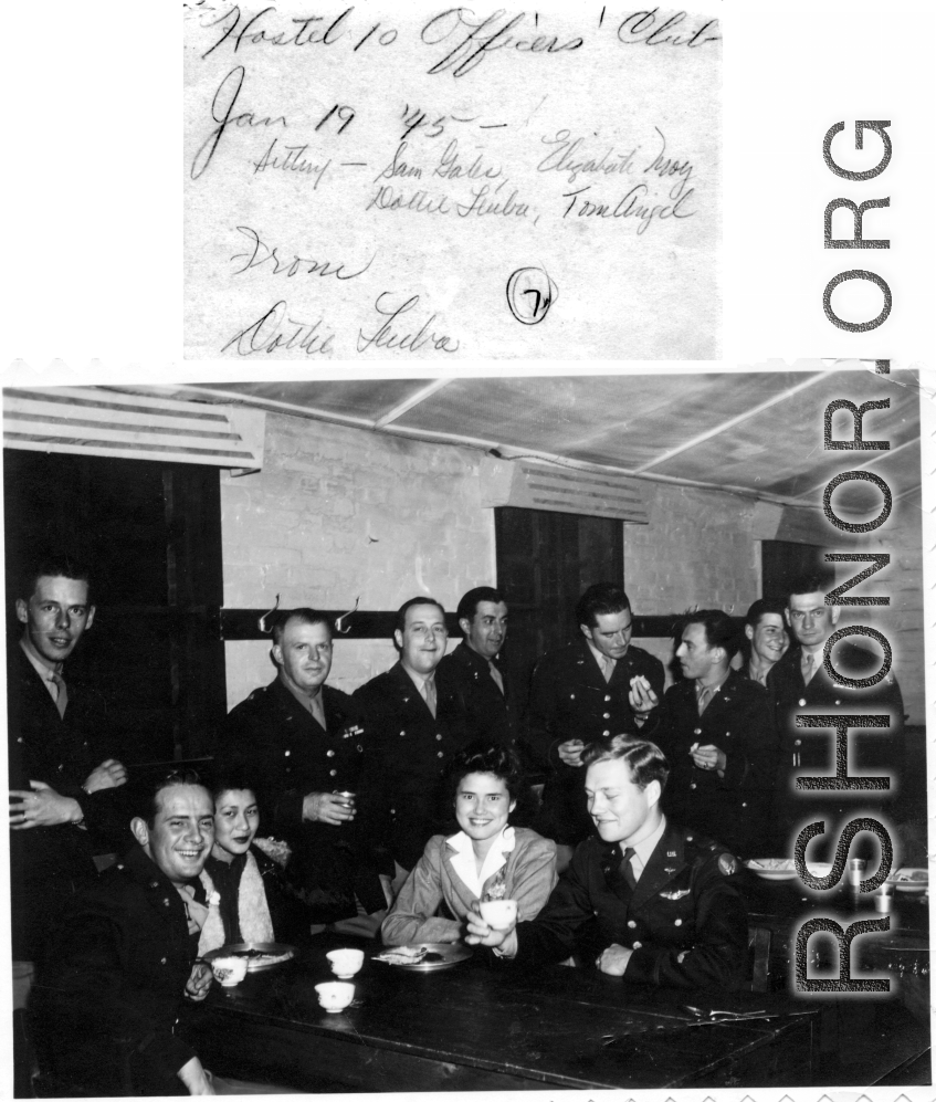 Dorothy Leuba and Elizabeth May surrounded by attentive GIs at a party and dance at the Hostel #10 Officer's Club on January 19, 1945. Seated to left is also Sam Gale, and to right, Tom Angel.  Image provided by Dorothy Yuen Leuba.