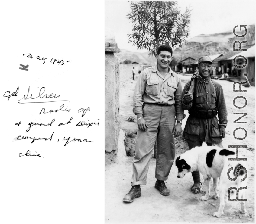 Cpl. Silver, radio operator, and a Communist guard at Dixie Mission compound, Yenan (Yan'an) China, May 1945.
