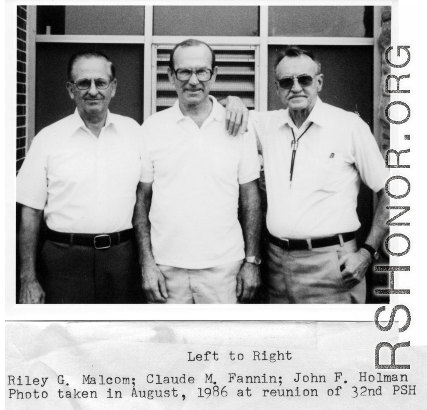 Reunion of  32nd Portable Surgical Hospital, in August, 1986, and remake of a war time photo. Left to right: Riley G. Malcom, Claude M. Fannin, John F. Holman.