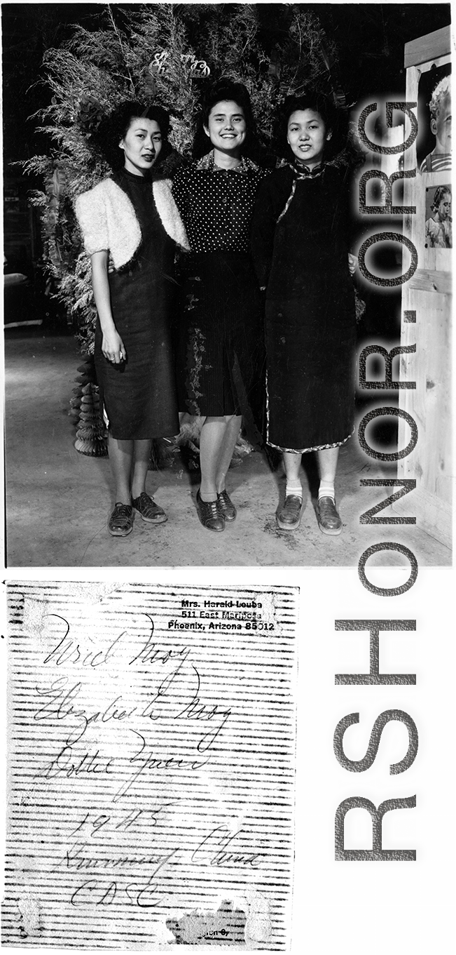 Ms. Leuba and charming friends, Elizabeth May and Ursid May, taken at Christmas 1944, or possible in January 1945. CASC.  Photo provided by Dorothy Yuen Leuba.