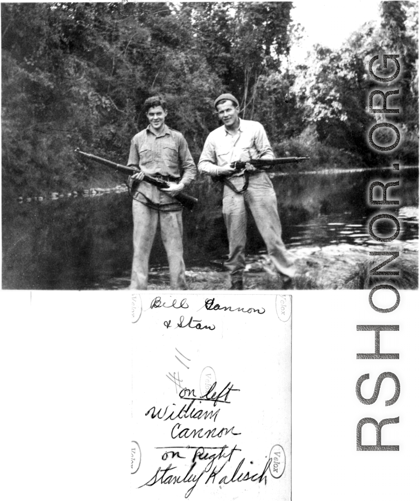 William Cannon and Stanley Kalisch play with rifles in the CBI during WWII.