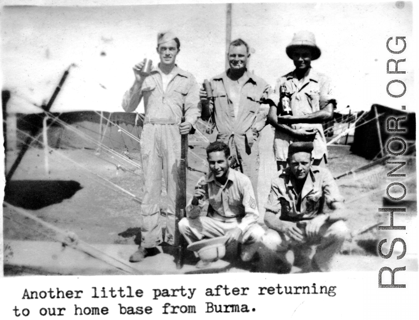 "A little party after returning to our home base in Burma." GIs a happy to drink beer in the CBI.