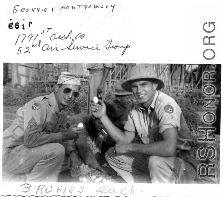 George & Montgomery buying eggs for 3 rupees each, during WWII. 1791st Ordnance Company, 52nd Service Group.