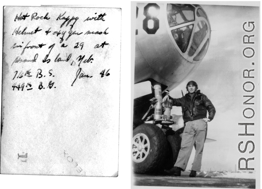 Hot Rock Kappy with helmet and oxygen mask in front of a B-29 at Grand Island, Nebraska, January 1946. 716th B.S., 449th B.G.