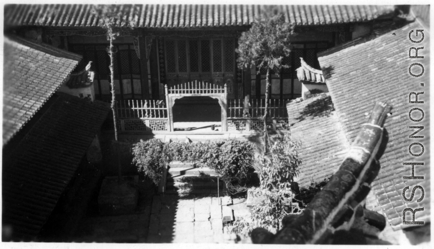 School courtyard from 3rd floor of pagoda. Spring 1945 on hike with Fred Nash near Yangkai, China.  From the collection of Frank Bates.
