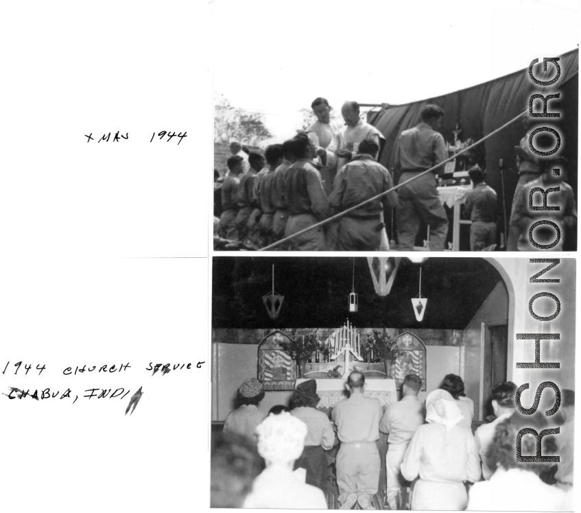 American military personnel attend Christmas service, outdoors, in 1944; Church service in Chabua, India, 1944.  Images provided by Michael J. O'Brien.