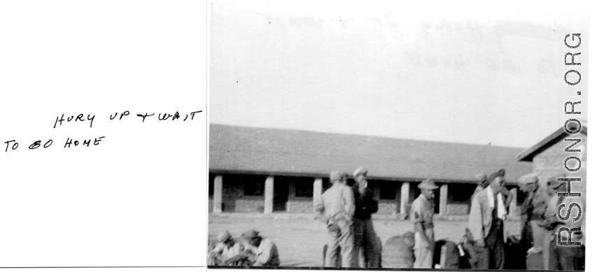 "Hurry up and wait to go home": GIs at a military base in the CBI lined up waiting to return to the US after the war.  Image provided by Michael J. O'Brien.