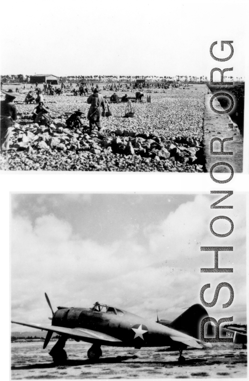 Workers in SW China working to build an airfield, and a parked American fighter plane.  Images provided by Emery and Beth Vrana. 