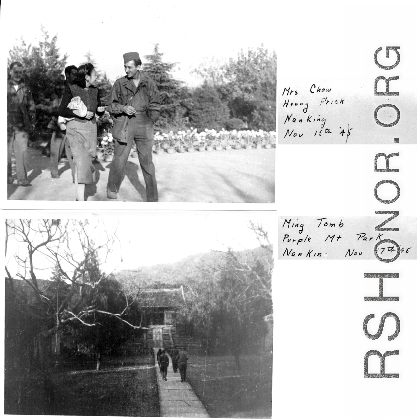 Mrs. Chow and GI Henry Frick talking in Nanjing, November 15th, 1945. And GIs walking at Ming Tomb at Purple Mountain Park, Nanjing, November 17th, 1945.