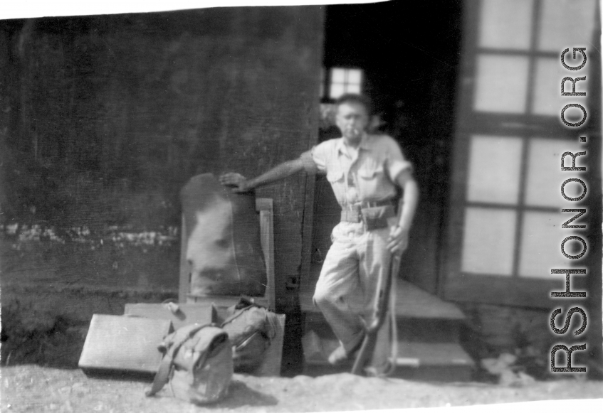 "This is a photo of Julian Zabecki with all his possessions packed and ready to go on assignment to one of the outlying bases."