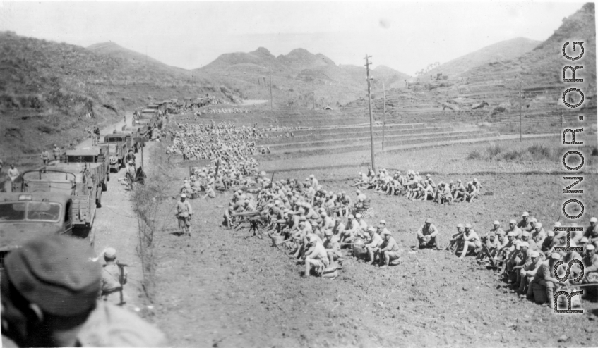 Chinese Soldiers massed and ready for convoy at Guilin just prior to evacuation of the American bases there in the face of the Japanese Ichigo campaign in late 1944.