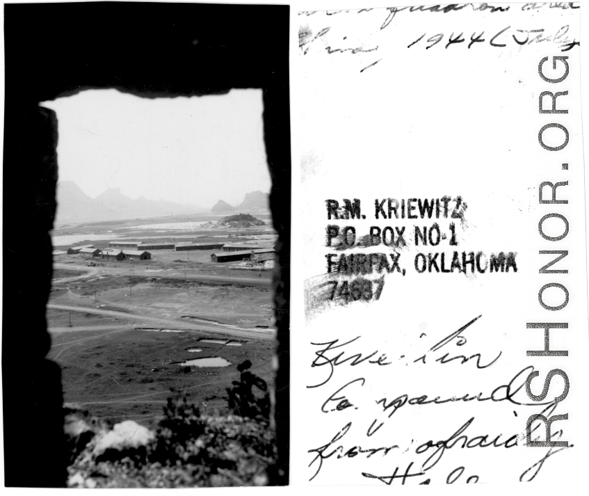 "We had many night-time visits from the Japanese and when that happened we headed for the caves around our hostel areas. This picture was taken from inside one of those caves overlooking the 396th hostel area. Needless to say this picture was not taken during an air raid but by someone that wanted to see what the area looked like during the daylight hours." Caption courtesy Elmer Bukey.  Photo provided by R. M. Kriewitz.