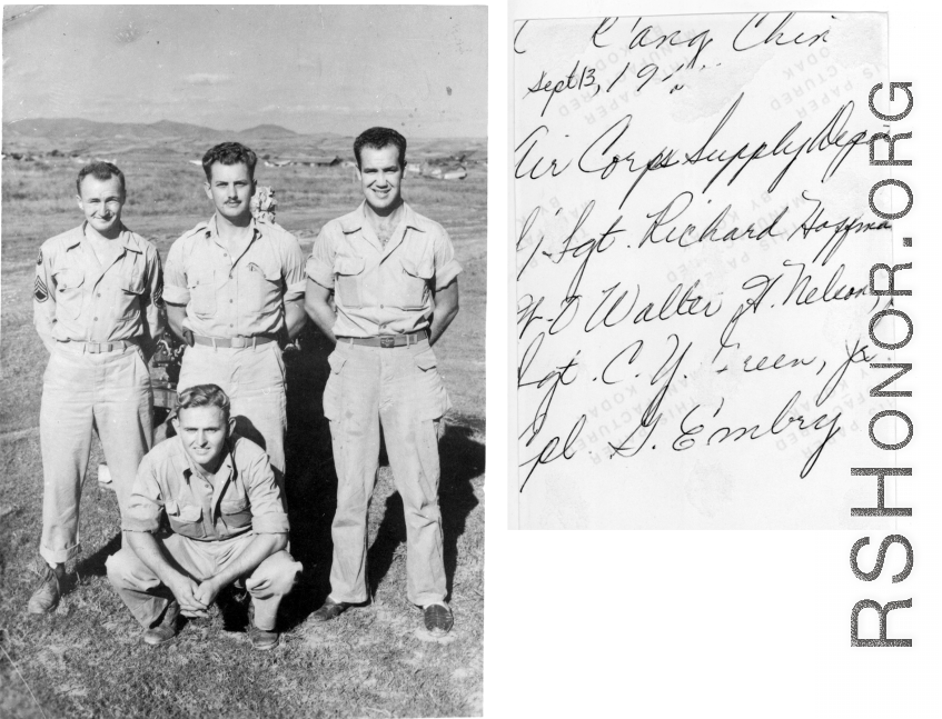 "These are some of the guys we went crying to to get some of the hard to get supplies; These were the 'Radar Riley's' of the 396th. Front: Cpl. G. Embry. Back: Sgt. Richard Hoffman, Warrant Officer Walter H. Nelson, Sgt. C.Y.Green. These guys and all the others in Tech Supply made our jobs a whole lot easier."  Air Corps Supply Depot staff, taken September 13, 1945.