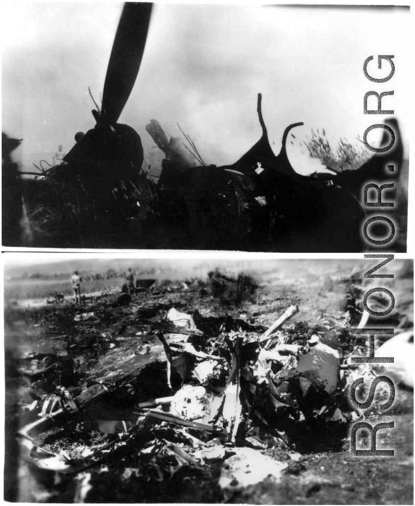 Wreckage after horrific crash in which the American crew, Chinese passengers, and Chinese laborers on the ground were killed and burned, apparently in close proximity to the airfield/runway. During WWII.