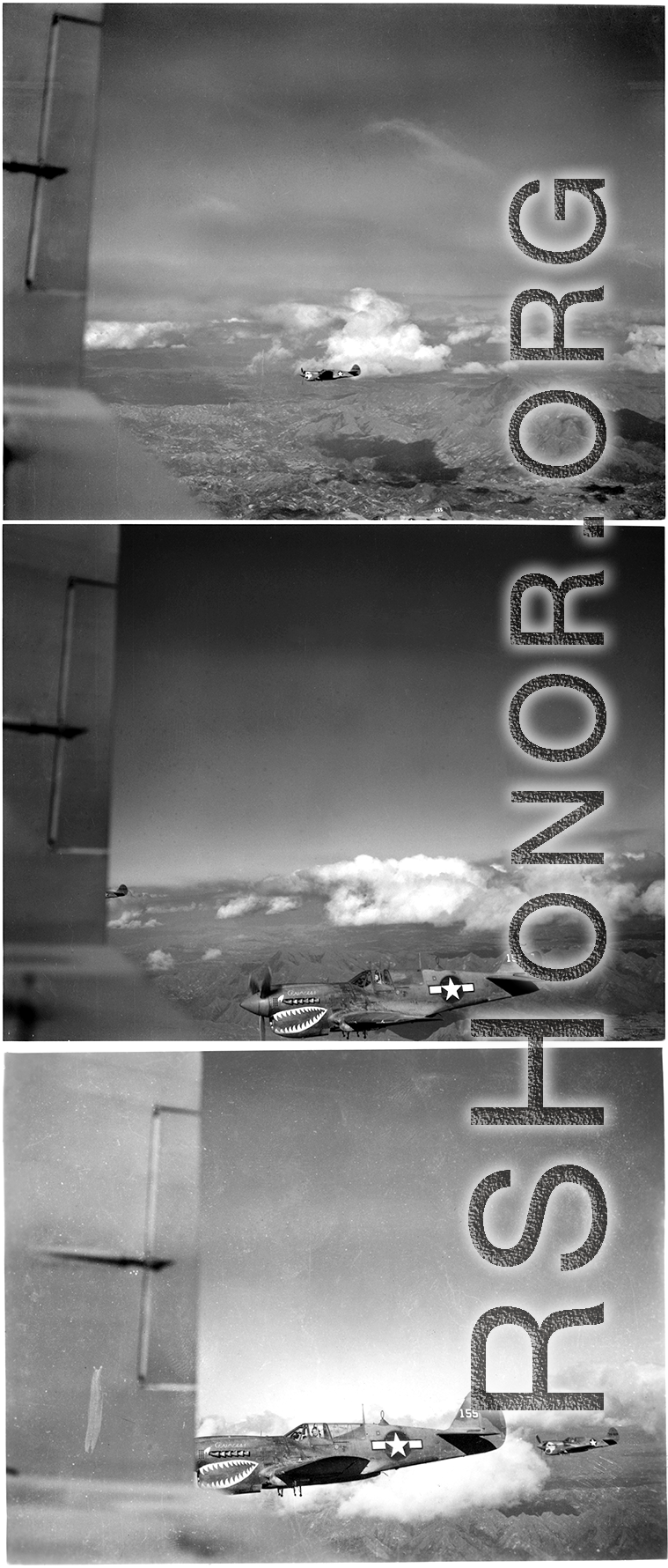 Images of escorting P-40 Warhawks with a painted shark's mouth somewhere over southern China, Indochina, or Burma during WWII, as taken from the tail gunner's window on a B-25 bomber.  Close in is the P-40 nicknamed "Princess," tail number 155.  Who is this man in the cockpit?  This plane is likely of 75th Fighter Squadron, 23rd Fighter Group.
