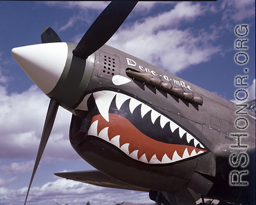 Nose of P-40 fighter 'Dene-a-mite' P-40 in China during WWII, probably in Yunnan province.
