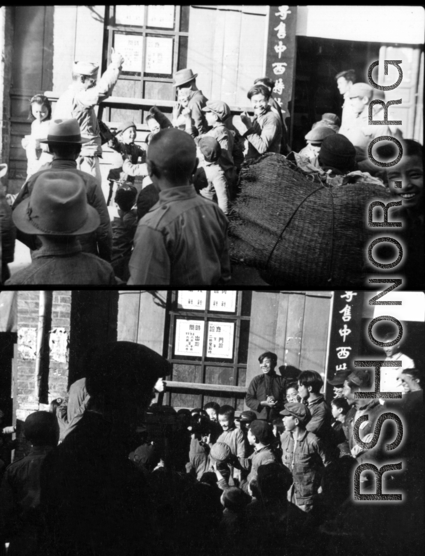 Street scene in Guilin, China, in 1944, during WWII--An American GI plays silly games with local kids to appreciative audience.