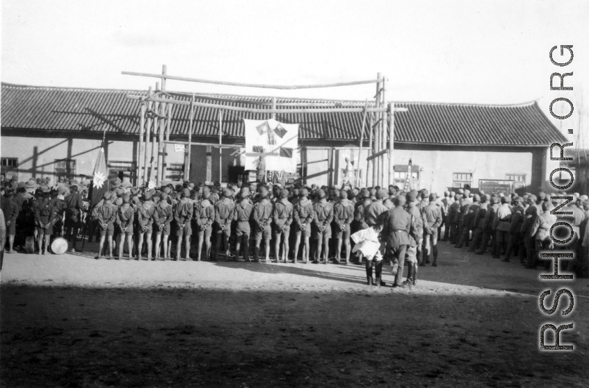 A rally of the Nationalist youth league (or similar) during WWII in Baoshan, Yunnan province, China. 