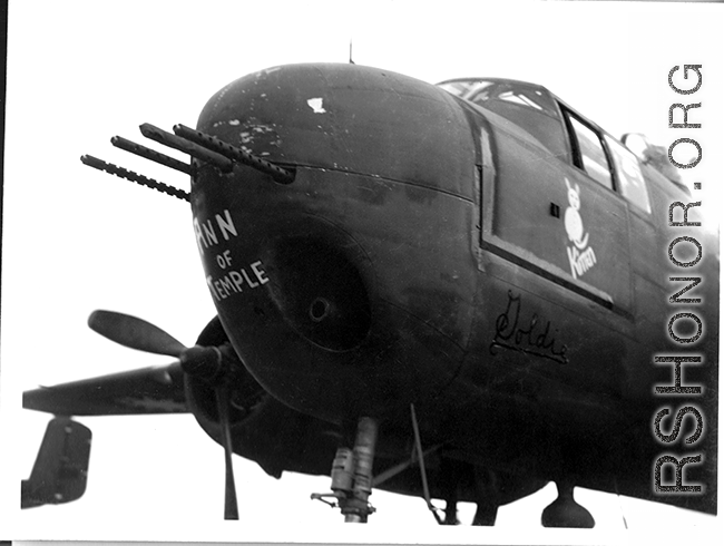 The B-25 "Ann of Temple" in the CBI during WWII. The nose also has "Goldie" written on the nose, and a cat figure with "K'man" below it.