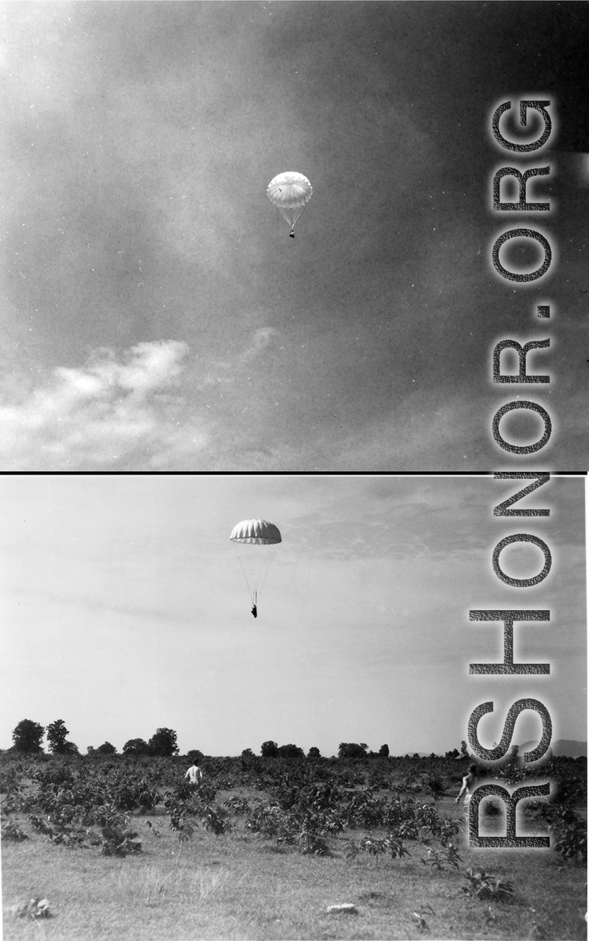 A flyer parachutes to the ground in the CBI (most likely SW China) and men rush to meet him. During WWII.