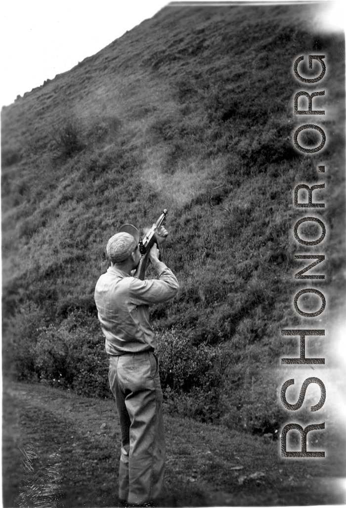 GI shoots Thompson submachine gun in the CBI during WWII.