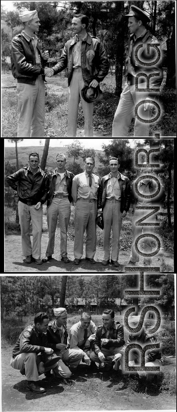 American flyers at Yangkai make poses for the camera, including with a senior officer. During WWII.