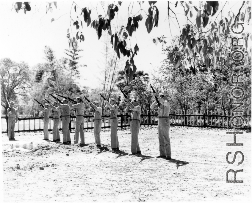 Gun salute for American GIS who had died at a temporary war-time graveyard. In the CBI, during WWII.