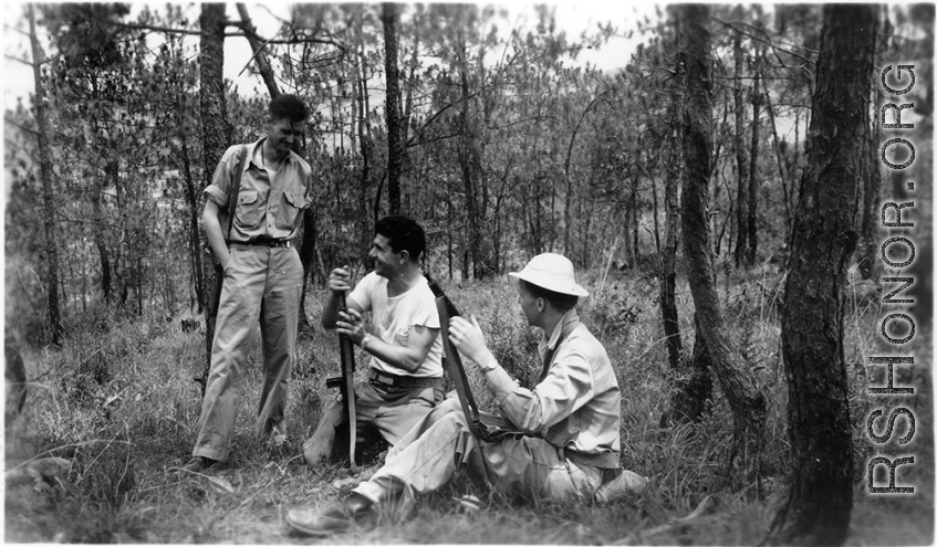 GIs adventuring among pines at Yangkai air base during WWII.