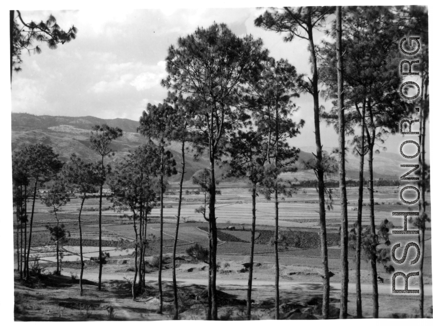 GI explorations of the hostel area at Yangkai air base during WWII: A view across the valley.