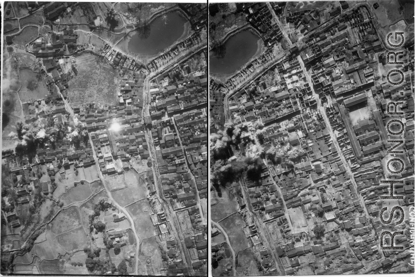 Bombing of small walled town likely in SW China (esp. Guangxi), but possibly in Burma, or French Indochina. During WWII. Signs of previous bombings are visible about, including destroyed houses along the main road, and bomb craters here and there. The bright white spot is the arc flash of a bomb explosion, caught exactly at the right time.