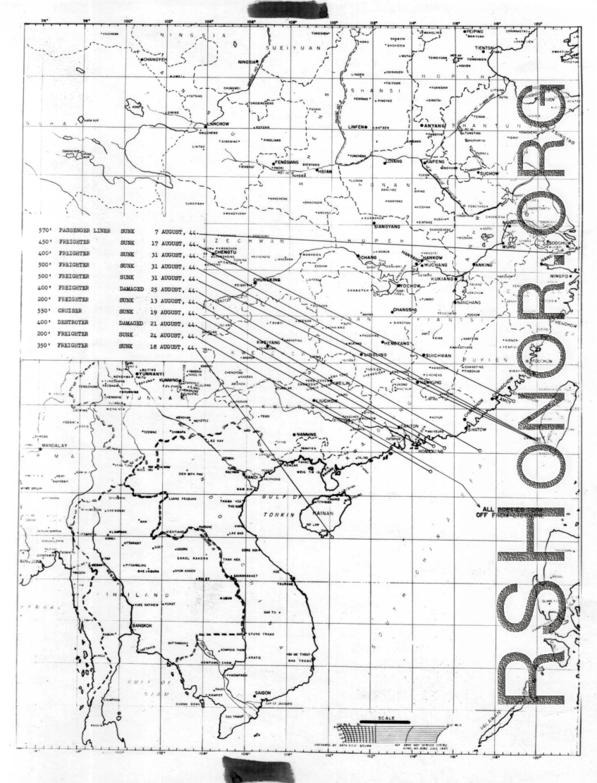 Sea sweep air mission map for August 1944, showing locations near or in China where attacks were made on Japanese by U. S. aircraft.  From the U.S. Government sources.