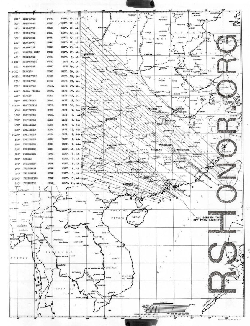 Sea sweep air mission map for September 1944, showing locations near or in China where attacks were made on Japanese by U. S. aircraft.  From the U.S. Government sources.