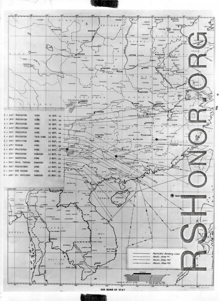 Sea sweep air mission map for November 1944, showing locations near or in China where attacks were made on Japanese by U. S. aircraft.  From the U.S. Government sources.
