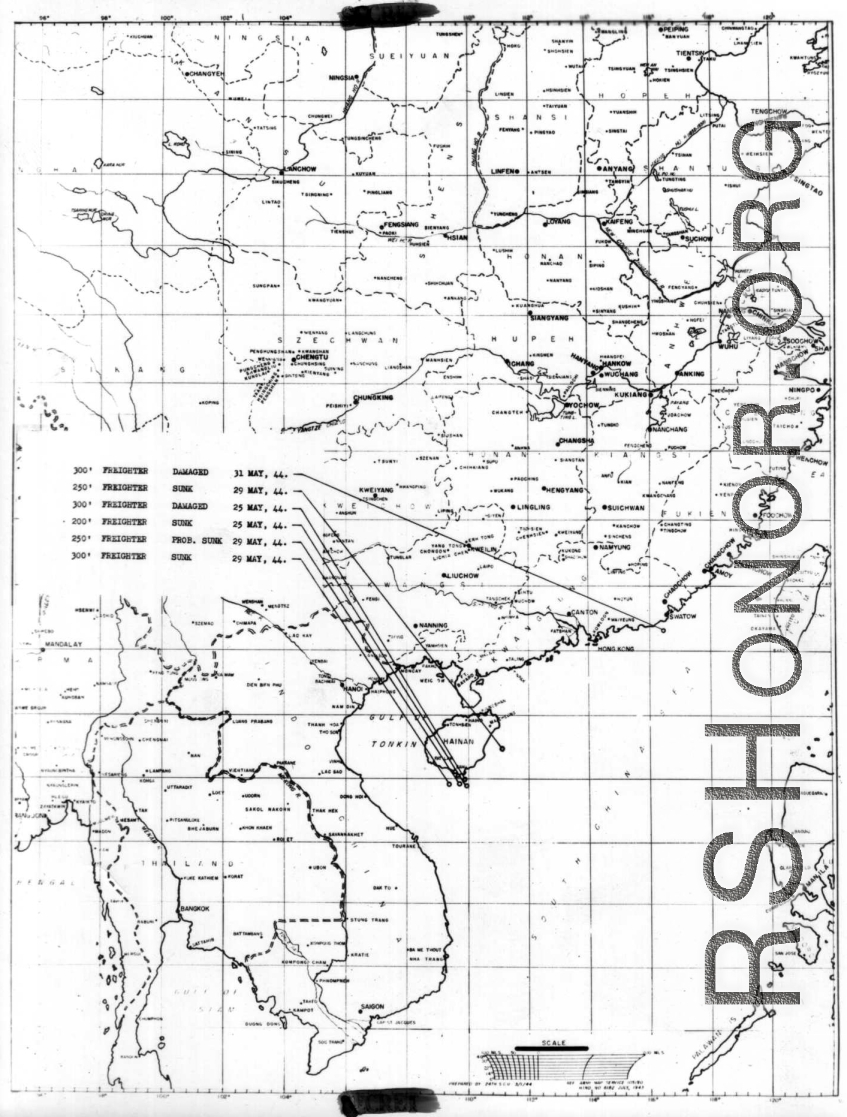 Sea sweep air mission map for May 1944, showing locations near or in China where attacks were made on Japanese by U. S. aircraft.  From the U.S. Government sources.